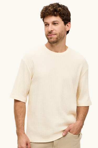 Uomo - T-shirt - relaxed fit - tessuto tramato - crema
