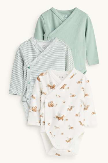 Bébés garçons - Lot de 3 - animaux de la forêt - bodys croisés pour bébé - vert / blanc crème
