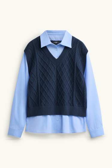 Damen - Pullunder - 2-in-1-Look - Zopfmuster - blau / dunkelblau