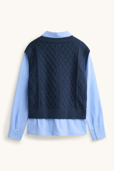 Damen - Pullunder - 2-in-1-Look - Zopfmuster - blau / dunkelblau