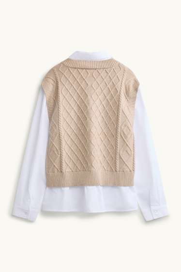 Damen - Pullunder - 2-in-1-Look - Zopfmuster - weiss / beige