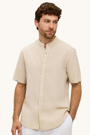 Unisex - Košile - regular fit - stojáček - lněná směs - krémové barvy