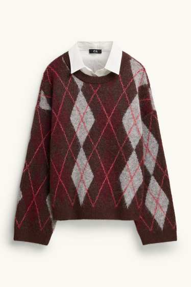 Damen - Set - Pullover und Blusenkragen - 2 teilig - kariert - grau / braun