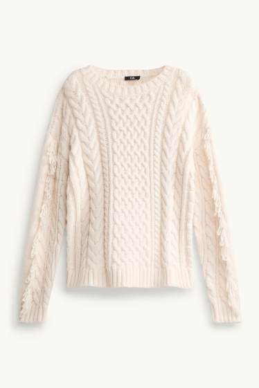 Damen - Pullover - Zopfmuster - cremefarben