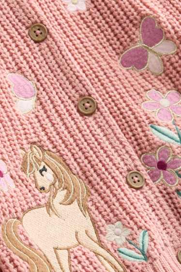 Enfants filles - Cheval et fleur - gilet en maille - finition texturée - rose