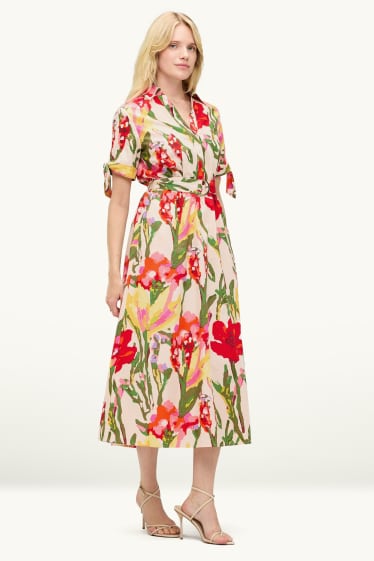 Damen - Fit & Flare Kleid mit Gürtel - geblümt - rot