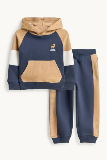 Bambini - Motivo dinosauri - set - felpa con cappuccio e pantaloni sportivi - a coste - 2 pezzi - beige / blu