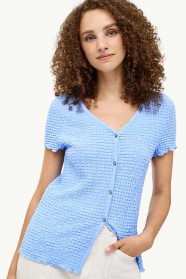 Damen - T-Shirt mit V-Ausschnitt und Knopfleiste - Regular Fit - blau