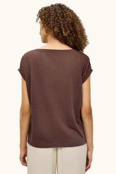 Dames - T-shirt met V-hals - relaxed fit - bruin