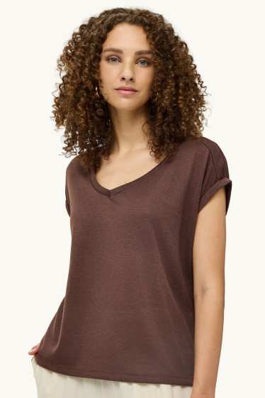 Dames - T-shirt met V-hals - relaxed fit - bruin