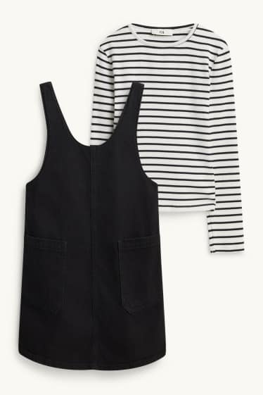 Kinder Mädchen - Set - Langarmshirt und Jeans-Latzkleid - 2 teilig - schwarz / weiss