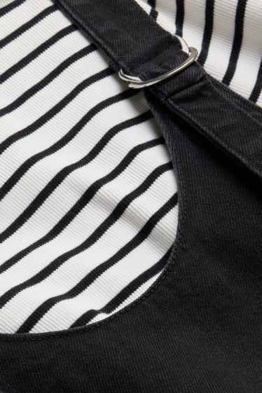 Kinder Mädchen - Set - Langarmshirt und Jeans-Latzkleid - 2 teilig - schwarz / weiss