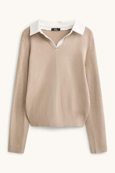 Donna - Maglione scollo a V - regular fit - effetto 2 in 1 - beige