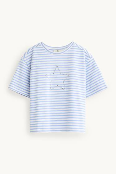 Children Girls - Star - short sleeve T-shirt with rhinestones - striped - blue / white