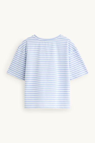 Children Girls - Star - short sleeve T-shirt with rhinestones - striped - blue / white