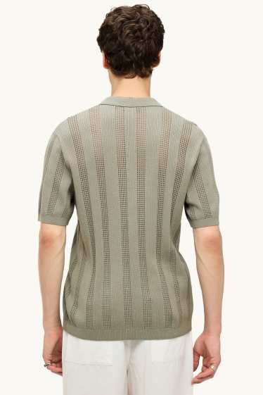 Heren - Gebreid poloshirt - relaxed fit - geribd - gestreept - groen