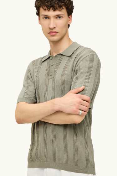 Heren - Gebreid poloshirt - relaxed fit - geribd - gestreept - groen
