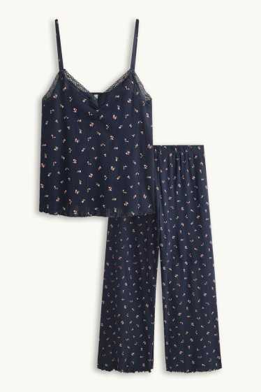 Dona - Pijama de teixit d'ordit calat - de flors - blau fosc
