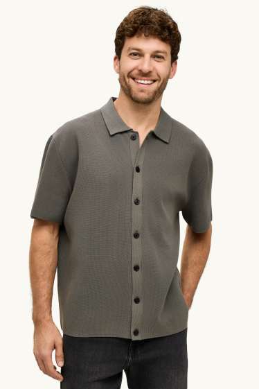 Heren - Gebreid overhemd - relaxed fit - grijs / groen