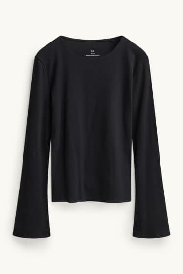 Damen - Langarmshirt - Slim Fit - gerippt - schwarz