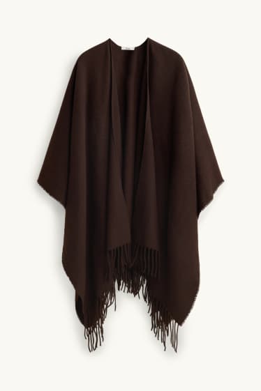 Women - Fringed poncho - dark brown