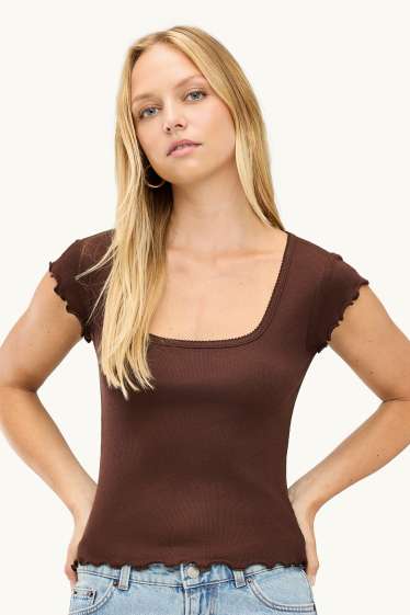 Women - T-shirt - slim fit - ribbed - brown