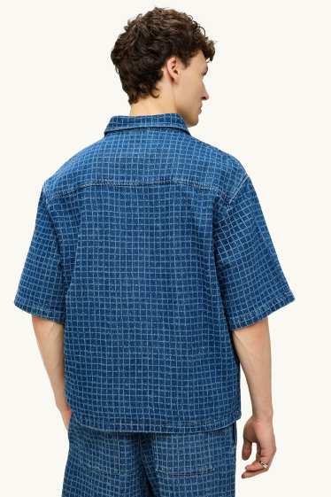 Men - Denim shirt - relaxed fit - kent collar - check - blue denim