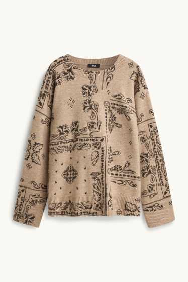 Femmes - Pull en fine maille - à motif - noir / beige