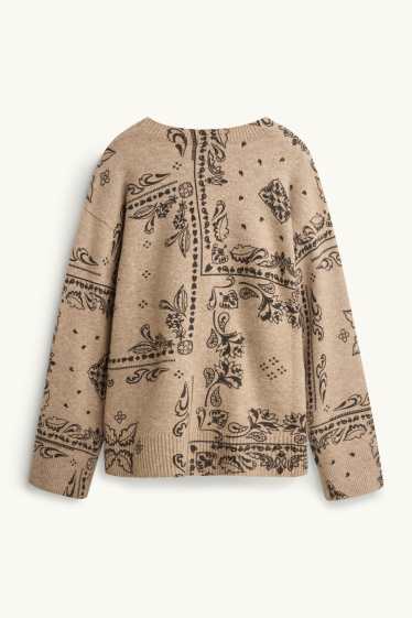 Femmes - Pull en fine maille - à motif - noir / beige