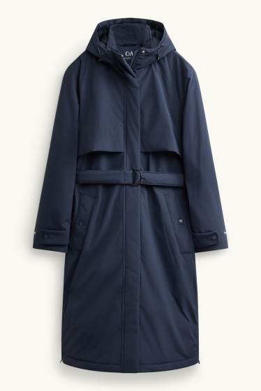 Dames - Sporttrenchcoat met capucon en ceintuur - gevoerd - donkerblauw