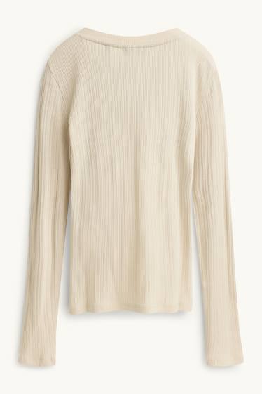 Women - Henley T-shirt - slim fit - ribbed - light beige