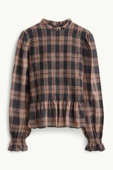 Women - Blouse - check - smocked - gray / brown