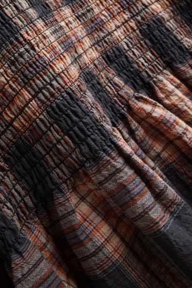 Women - Blouse - check - smocked - gray / brown