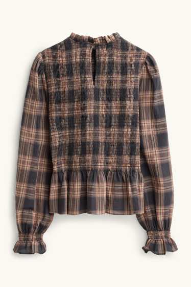 Women - Blouse - check - smocked - gray / brown