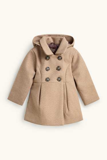Children Girls - Set - coat with hood and teddy fur scarf - 2 piece - sand-coloured