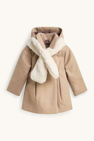 Children Girls - Set - coat with hood and teddy fur scarf - 2 piece - sand-coloured