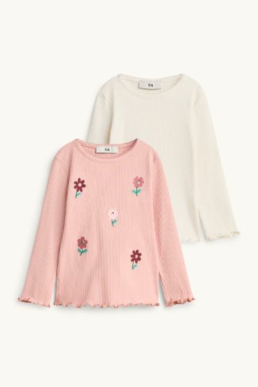 Copii - Fete - Floare - tricou cu mânecă lungă - reiat - aspect lucios - roz / bej
