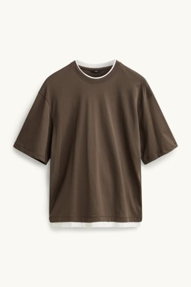 Herren - T-Shirt - Relaxed Fit - 2-in-1-Look - dunkelbraun