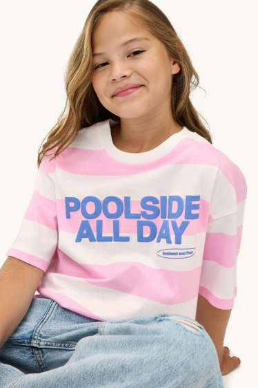 Kinder Mädchen - Kurzarmshirt - gestreift - weiss / rosa