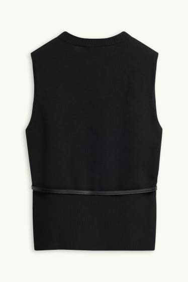 Women - Knitted waistcoat with belt - black
