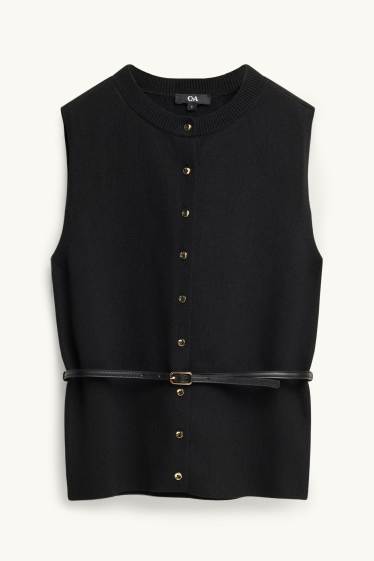 Women - Knitted waistcoat with belt - black