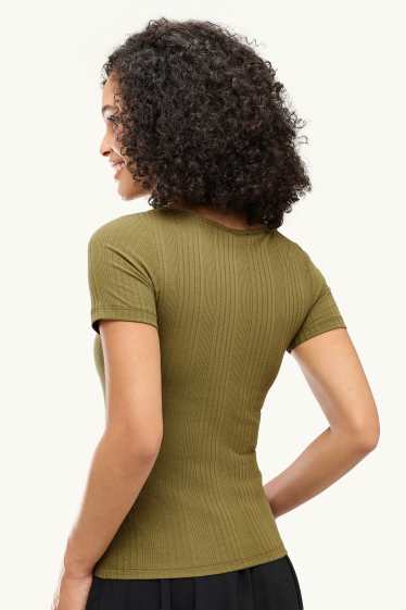 Damen - T-Shirt - Regular Fit - gerippt - gestreift - khaki