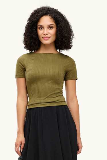 Damen - T-Shirt - Regular Fit - gerippt - gestreift - khaki