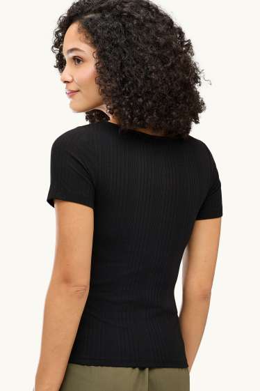 Damen - T-Shirt - Regular Fit - gerippt - gestreift - schwarz