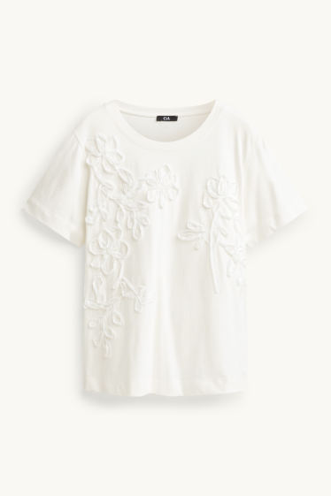 Dames - T-shirt - regular fit - gebloemd - crème wit