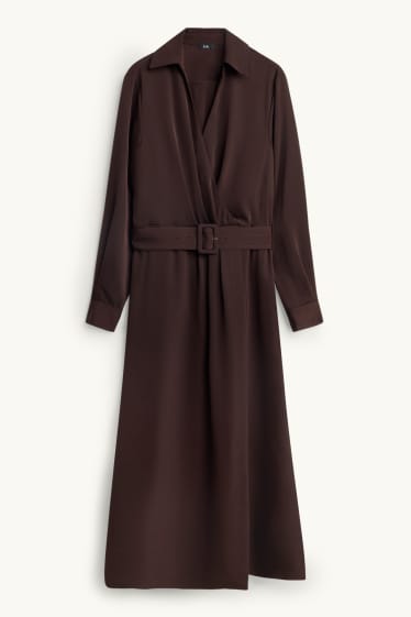 Women - Satin wrap dress with belt - straight fit - dark brown
