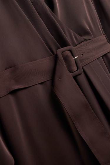 Women - Satin wrap dress with belt - straight fit - dark brown
