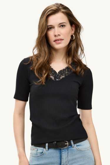 Femmes - T-shirt avec encolure en V - regular fit - finition côtelée - noir
