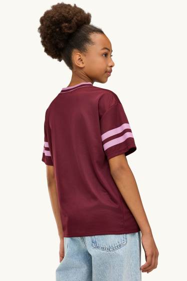 Kinder Mädchen - Kurzarmshirt mit V-Ausschnitt - Oversized - rosa / dunkelrot