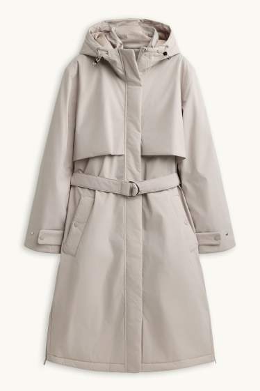 Women - Technical trench coat with hood and belt - lined - light beige